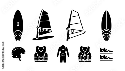 Windsurfing silhouette icons: equipment, gear, safety elements for active water sports enthusiasts