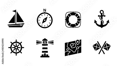 Nautical icons set featuring boat, compass, lifebuoy, anchor, rudder, lighthouse, map, and flags