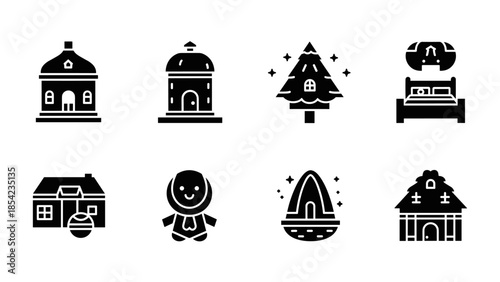 Charming silhouette icons of festive holiday elements and cosy winter homes
