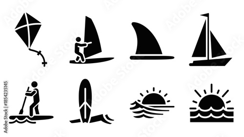 Adventure icons: kite, windsurfing, shark fin, sailing, paddleboarding, sunset