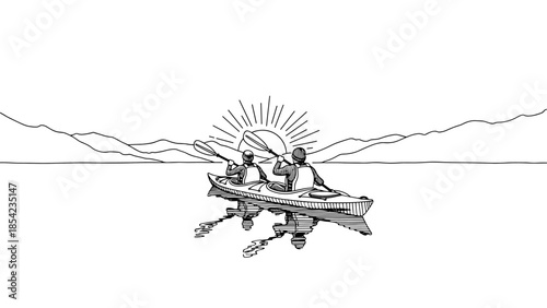 Couple kayaking at sunset with mountains in the background in simple line art style