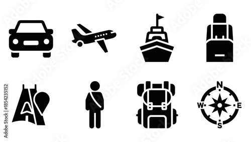 Modern travel icons set: car, plane, ship, backpack, map, and compass silhouettes