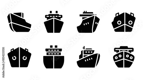Collection of minimalist black silhouette ship icons on white background