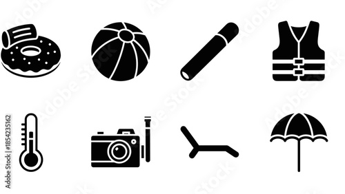 Beach and water activity icons set: donut, camera, ball, umbrella, and more in black silhouette