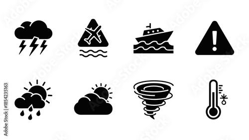Weather alert icons set: storm, flood, tornado, temperature warning symbols