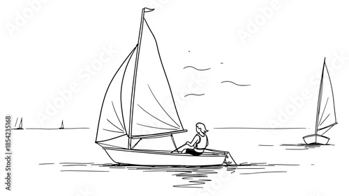 Minimalist sailboat sketch in calm waters with person sailing