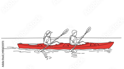 Linear illustration of two people kayaking in a red canoe on calm water