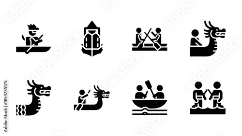 Water sports pictograms: canoeing, rafting, and dragon boating icons in bold silhouette style