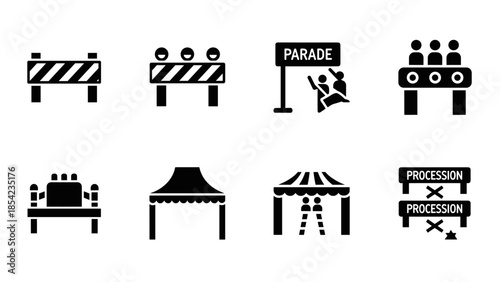 Parade and festival icon set: tents, crowds, and barricades in bold symbols