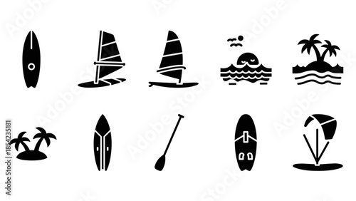Silhouette beach icons: surfboards, windsurfing, palm trees, and sea scenes for summer themes
