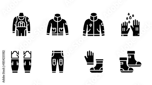 Minimalist outdoor gear icons: jackets, pants, gloves, and socks in flat design