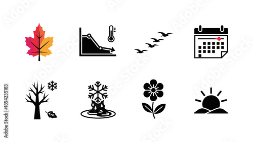 Seasonal change icons: leaf, graph, birds, calendar, snowflake, tree, flower, sunrise
