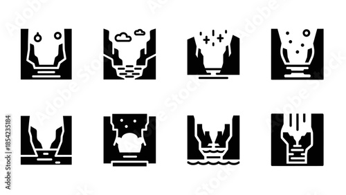 Abstract canyon flow icons: bold black and white nature concepts in minimalist style