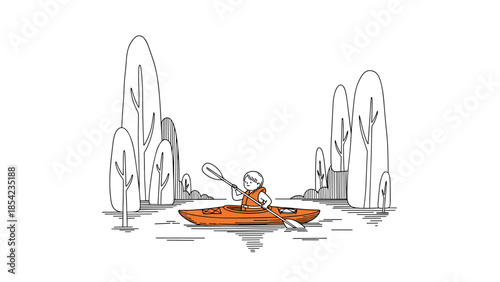 Child kayaking adventure in calm river with minimalist landscape