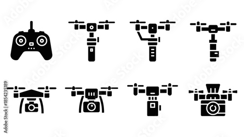 Silhouette drone icons set: remote controls and various drone designs