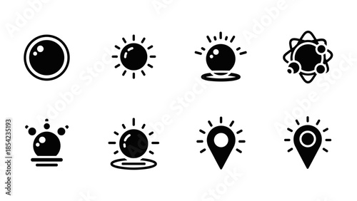 Minimalist black and white icons of suns and spheres in various styles