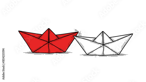 Origami paper boats: red and white hand-drawn design on white background