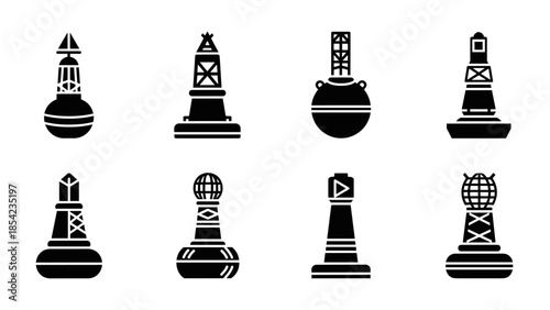 Set of oil rig silhouettes on white background with various designs