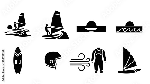 Windsurfing icons set: silhouette elements for ocean sports and equipment