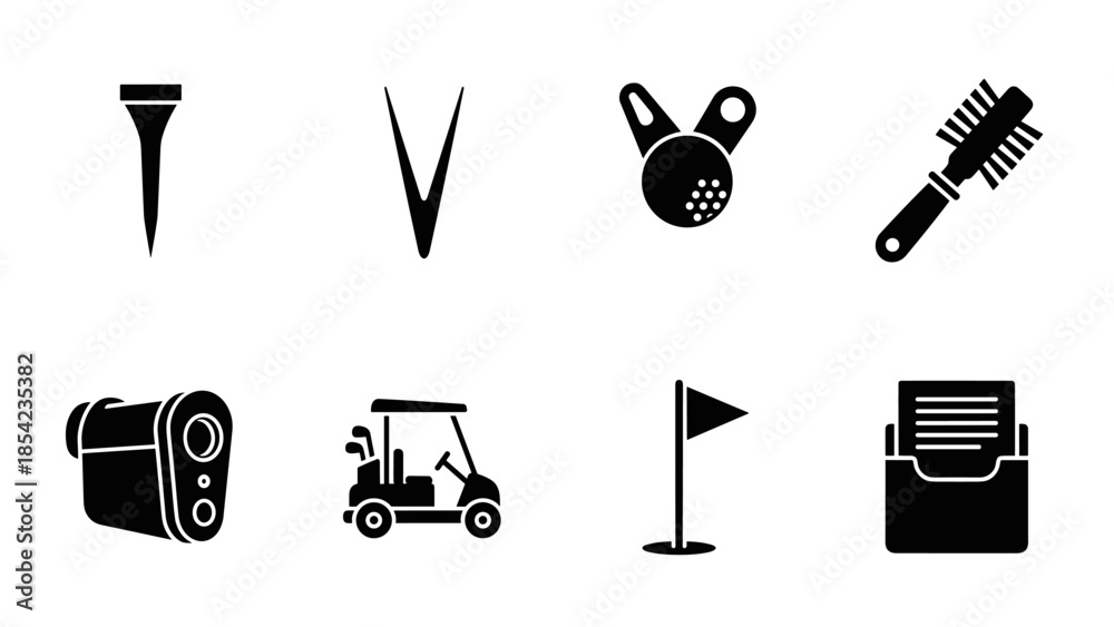 Fototapeta premium Golf essentials icons set: silhouette style for sports enthusiasts