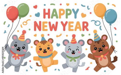 Adorable Happy New Year Kids Illustration with Cute Bear Characters