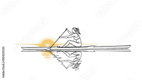 Minimalist line art of woman kayaking at sunset with reflection on water