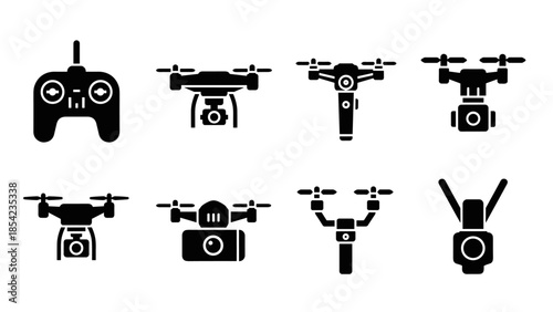 Drone controller and device icons in minimalist silhouette style