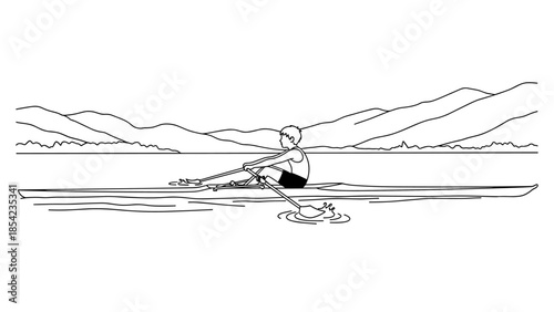 Linear drawing of a rower on a calm lake with mountain scenery in the background