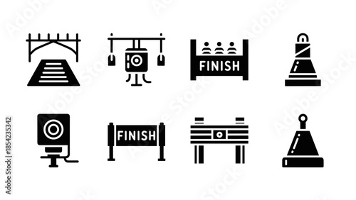 Race finish line icons set: minimalist design for competitive event graphics