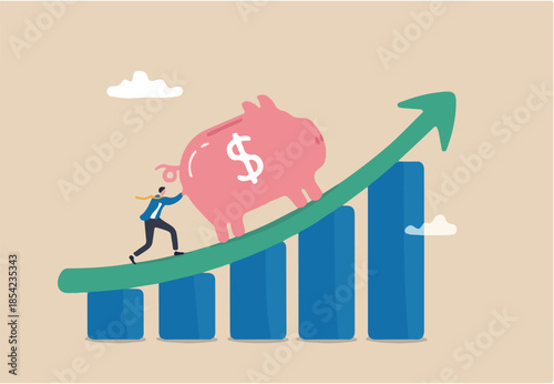 Saving or investment profit, compound interest graph or wealth incremental, investment earning from stock market or mutual fund concept, rich businessman push big piggy bank up rising graph and chart.