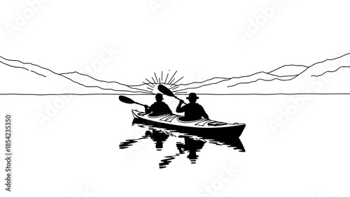 Canoe adventure: silhouette of two kayakers paddling on a serene mountain lake at sunrise