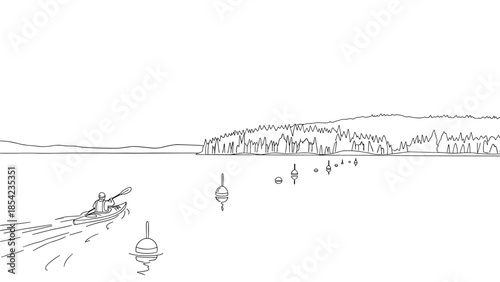 Minimalist kayaking adventure on scenic lake with buoys and forest horizon