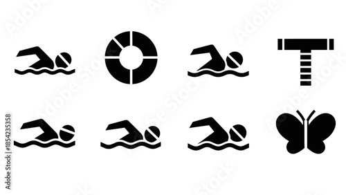 Minimalist swimming symbols and icons set featuring silhouettes of swimmers and lifebuoy