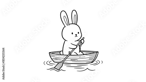 Cute bunny rowing a boat in minimalist style line art