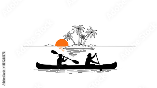 Silhouette canoe adventure at sunset with tropical island scene