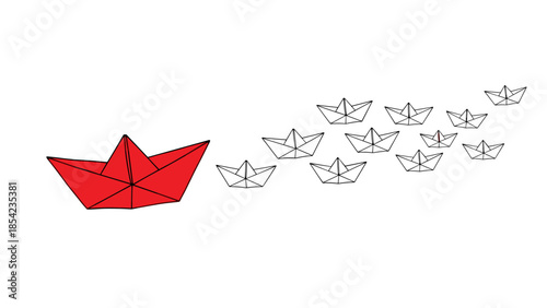 Red paper boat leading origami fleet: minimalist leadership concept