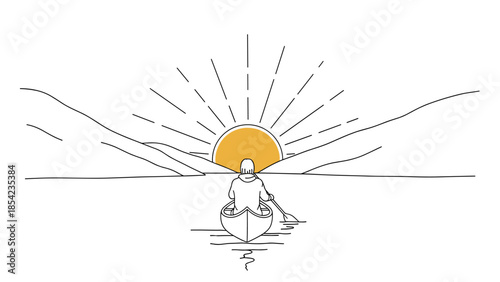 Minimalist sunrise canoe adventure with line art design