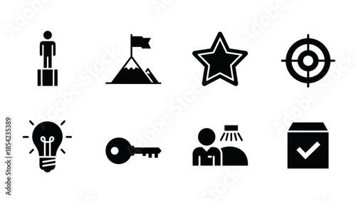 Business success icons: leadership, achievement, innovation, security, and goals