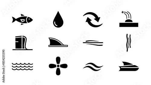 Aquatic elements: icons of marine life, water, and navigation