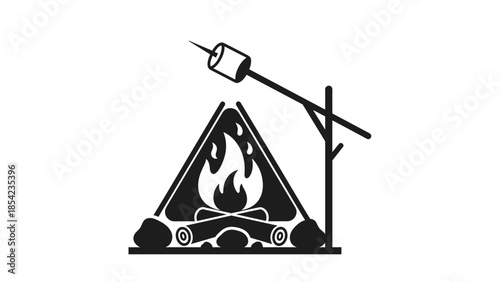 Camping icon with campfire and marshmallow on stick in silhouette style