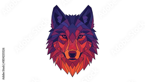 Geometric wolf head illustration with vibrant colors and sharp details, artistic design.