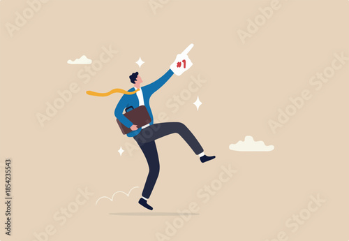 Success businessman winning competition, achieve goal or business winner, victory or succeed in work, prize honor concept, cheerful businessman jumping while wearing fan foam finger with number one.
