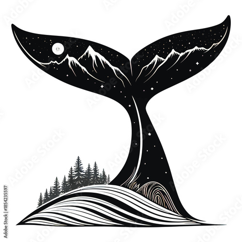 Ultra clean black and white 2d vector whale tail silhouettes