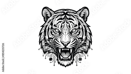 Intense tiger face illustration with detailed fur and sharp teeth, roaring with ferocity.