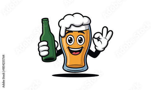 Cartoon Beer Glass Character Holding Beer Bottle