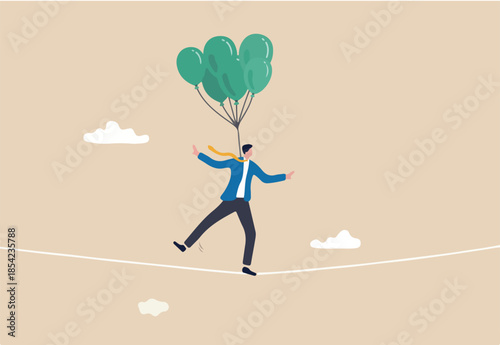 Risk management control or assessment on uncertainty, plan to survive in crisis or danger situation, reduce loss or disaster concept, businessman acrobat walk on the rope with balloons to reduce risk.