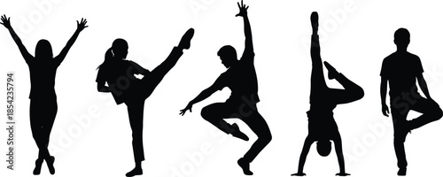 Dynamic, dance, silhouettes, showcasing, modern, ballet, hip, hop, yoga, poses, flexibility, balance, motion, isolated, on, white, background, fitness, art, concept