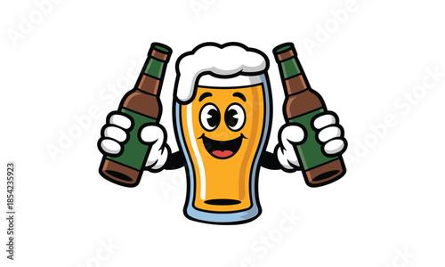 Cheerful Beer Glass Character Holding Two Beer Bottles