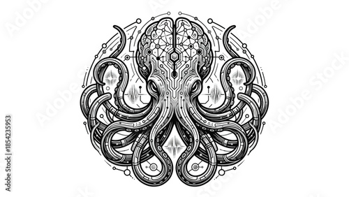 Intricate brain octopus illustration with geometric patterns and detailed lines.