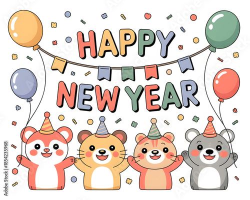 Playful Happy New Year Kids Party Cartoon Illustration